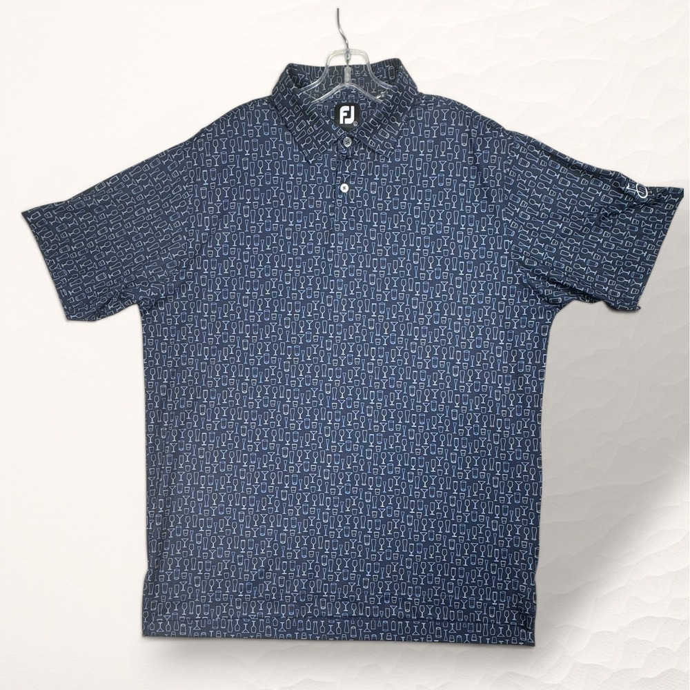 FootJoy Golf Polo Shirt Mens Large Navy Blue Preppy Cocktail Glass Print